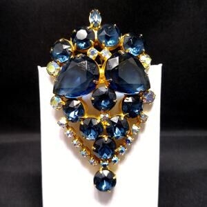 Vintage Blue Rhinestone Brooch Pendant AB Dangle Gold Tone 1960s